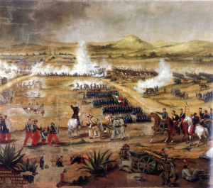 Anónimo, Batalla del 5 de mayo de 1862, óleo sobre tela, Museo Nacional de las Intervenciones, Exconvento de Churubusco, INAH. Imagen tomada del libro: Eduardo Báez, La pintura militar en el siglo XIX, México, Secretaría de la Defensa Nacional, 1992, p. 1