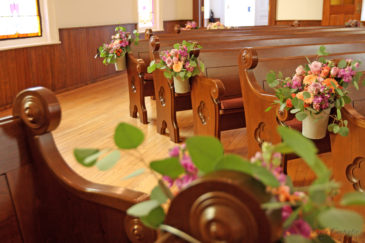 Decorations on the pews inside the chuch